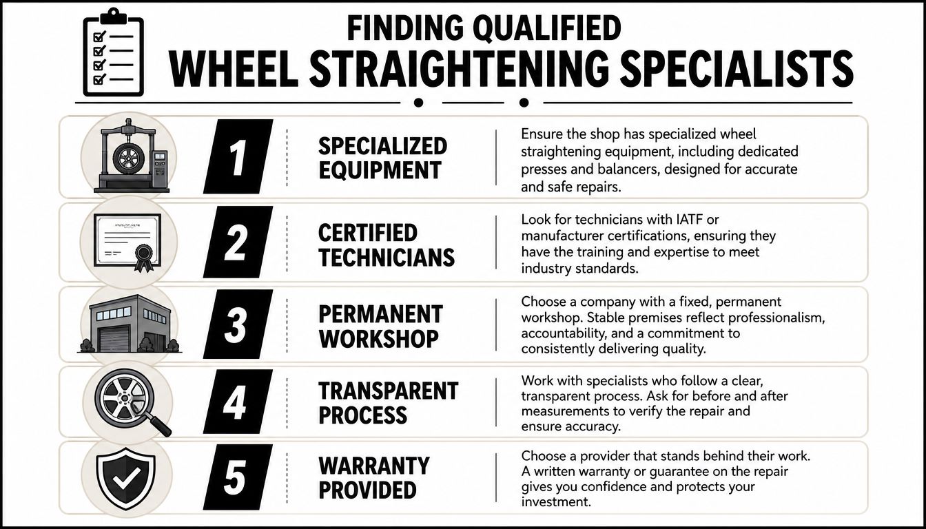 An infographic titled Finding Qualified Wheel Straightening Specialists, listing five key criteria for choosing reliable repair providers.