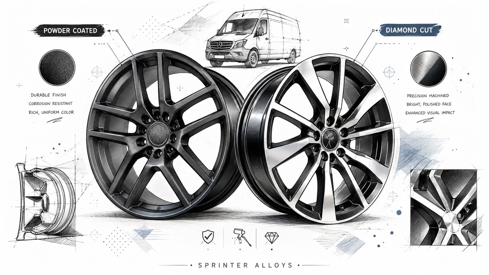 A digital illustration comparing powder coated and diamond cut alloy wheels for a Mercedes Sprinter van.