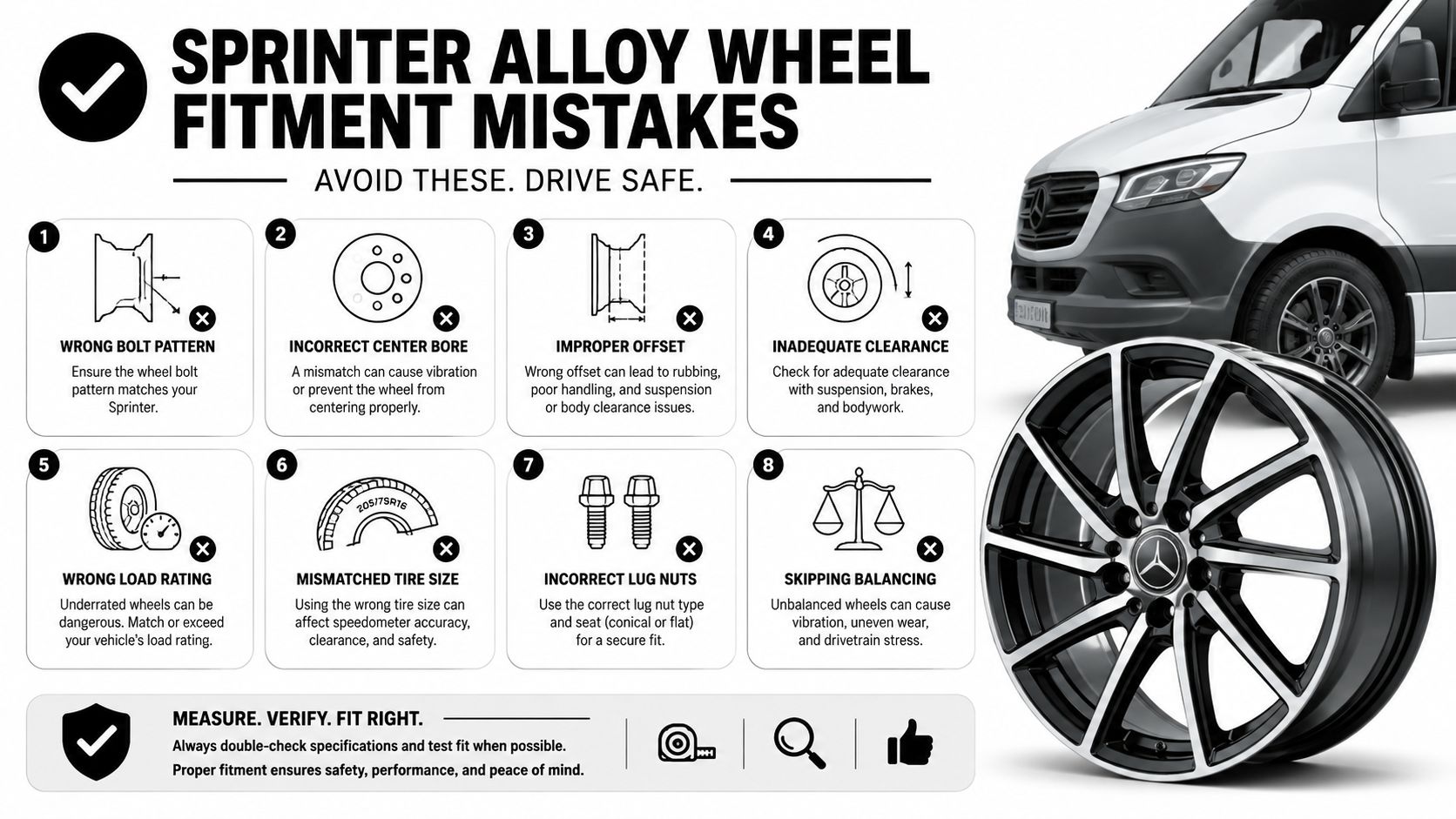 An infographic detailing common alloy wheel fitment mistakes for Mercedes Sprinter vans to ensure vehicle safety.