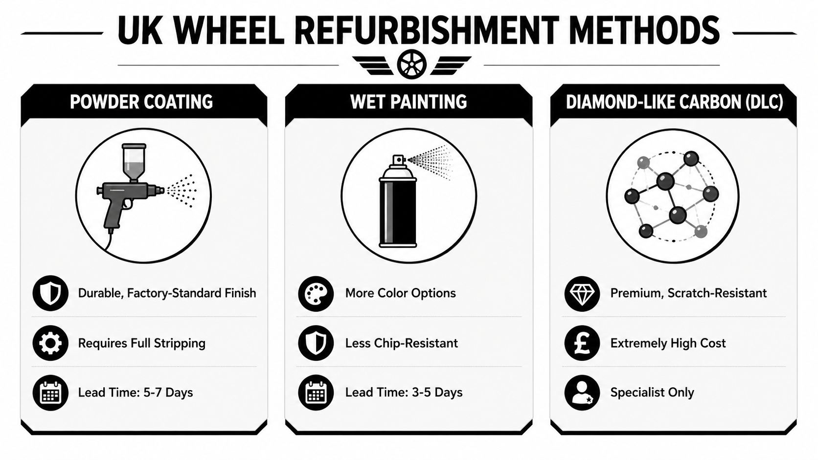 A comparison chart showing three common UK wheel refurbishment methods: powder coating, wet painting, and diamond-like carbon.