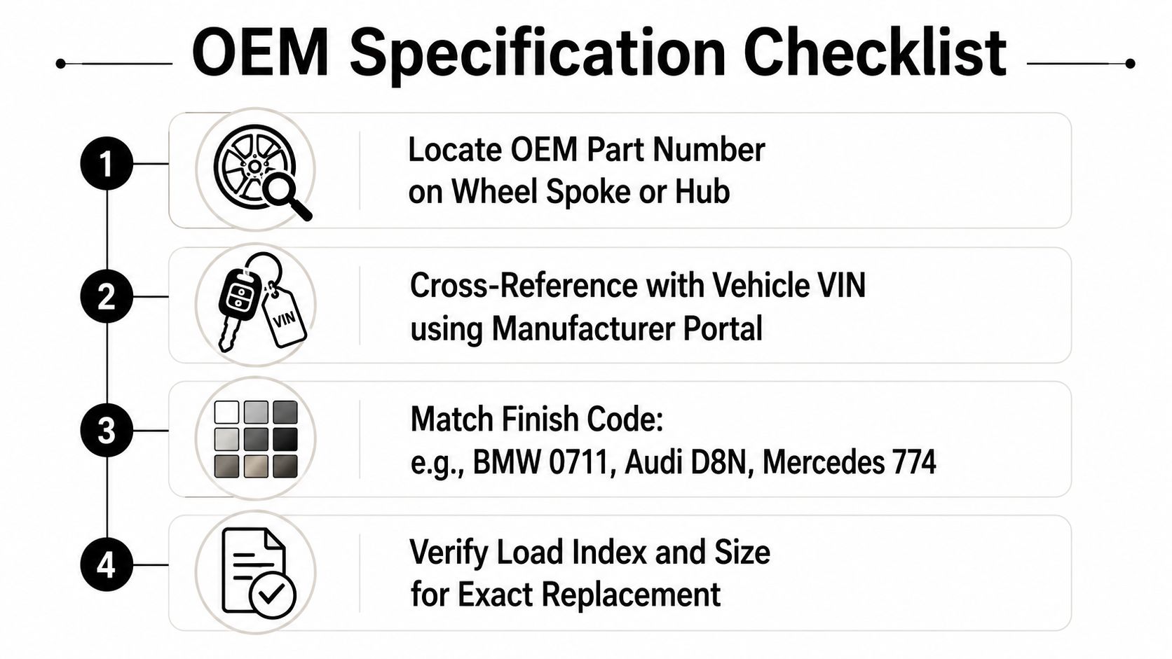 A four-step OEM specification checklist for verifying and replacing vehicle alloy wheels correctly.