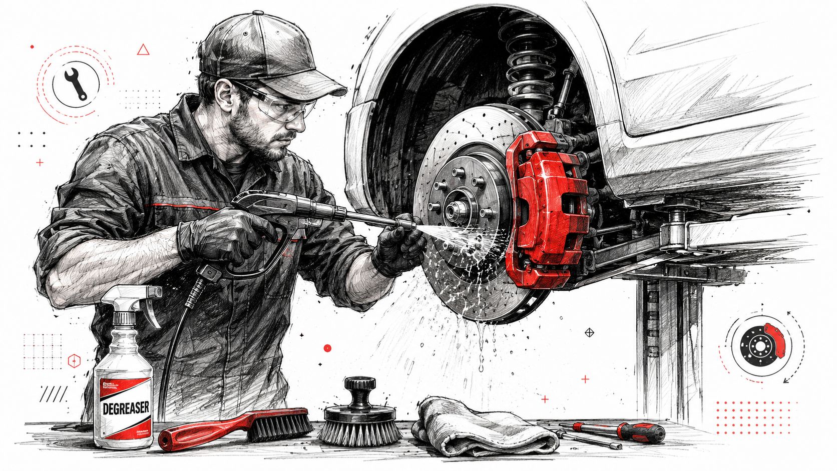 A professional mechanic cleaning a vehicle's brake assembly with a pressure washer in a garage workshop.