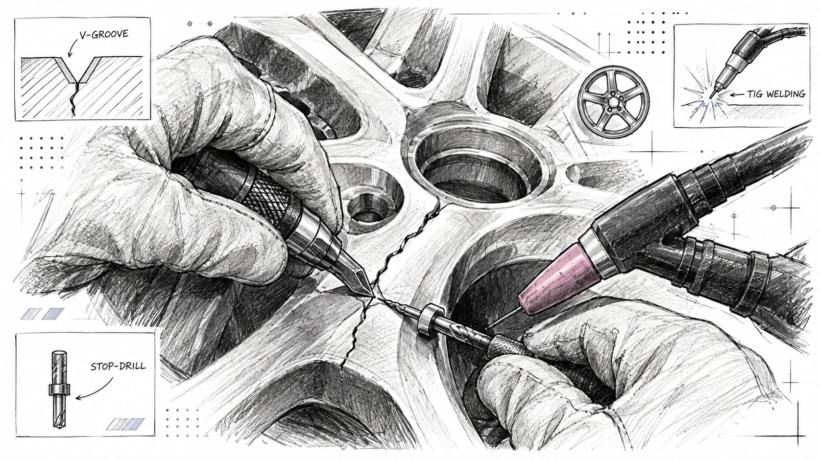 A detailed technical drawing showing the process of repairing a cracked alloy wheel using TIG welding.