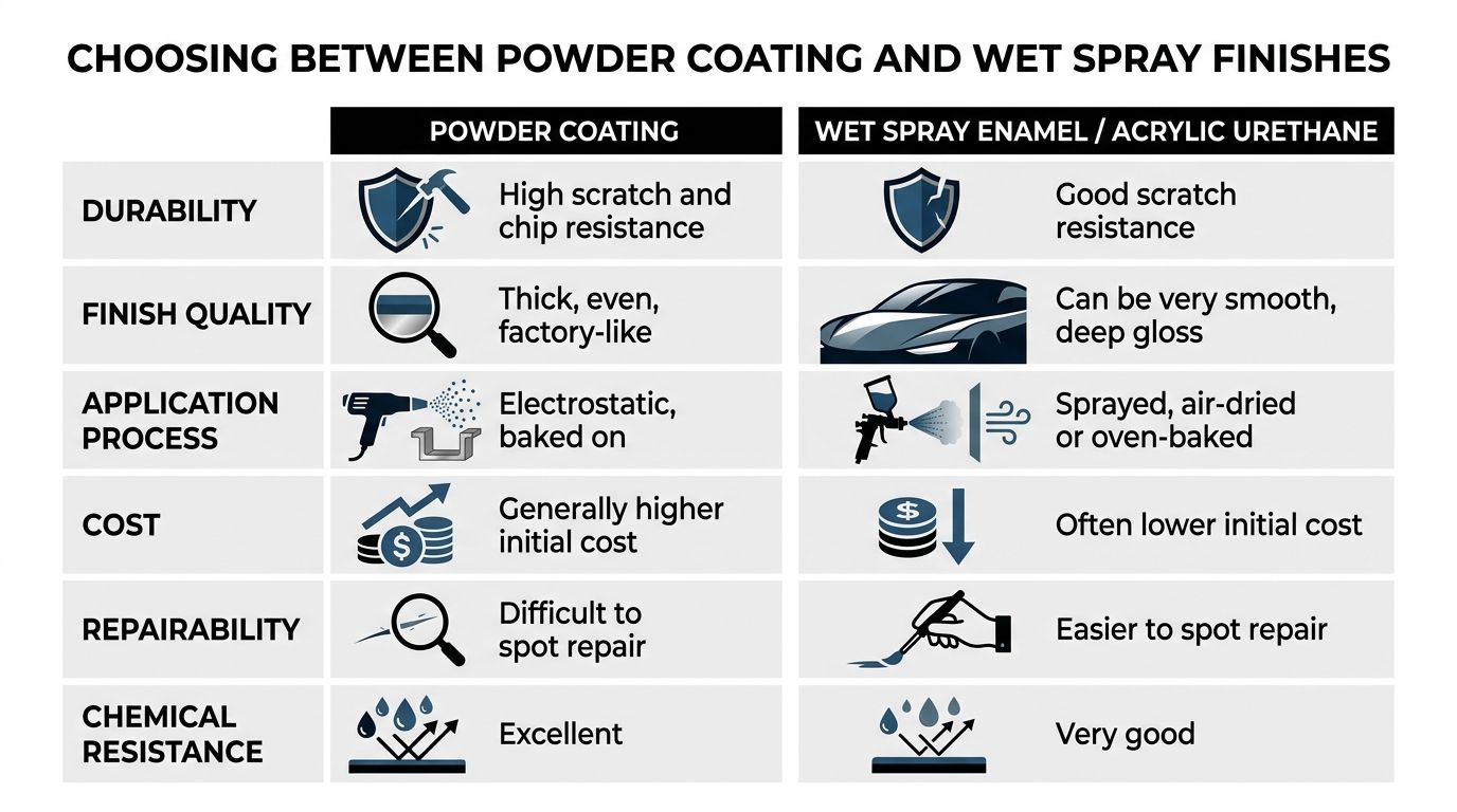 A comparison chart outlining the key differences between powder coating and wet spray enamel finishes for industrial applications.
