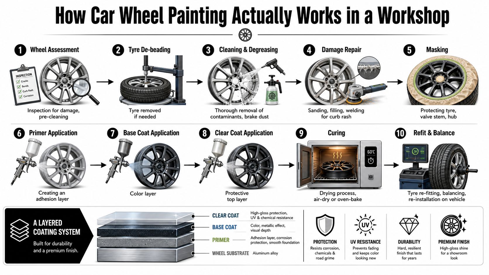 An infographic detailing the ten-step professional car wheel painting process, from assessment to final re-installation.