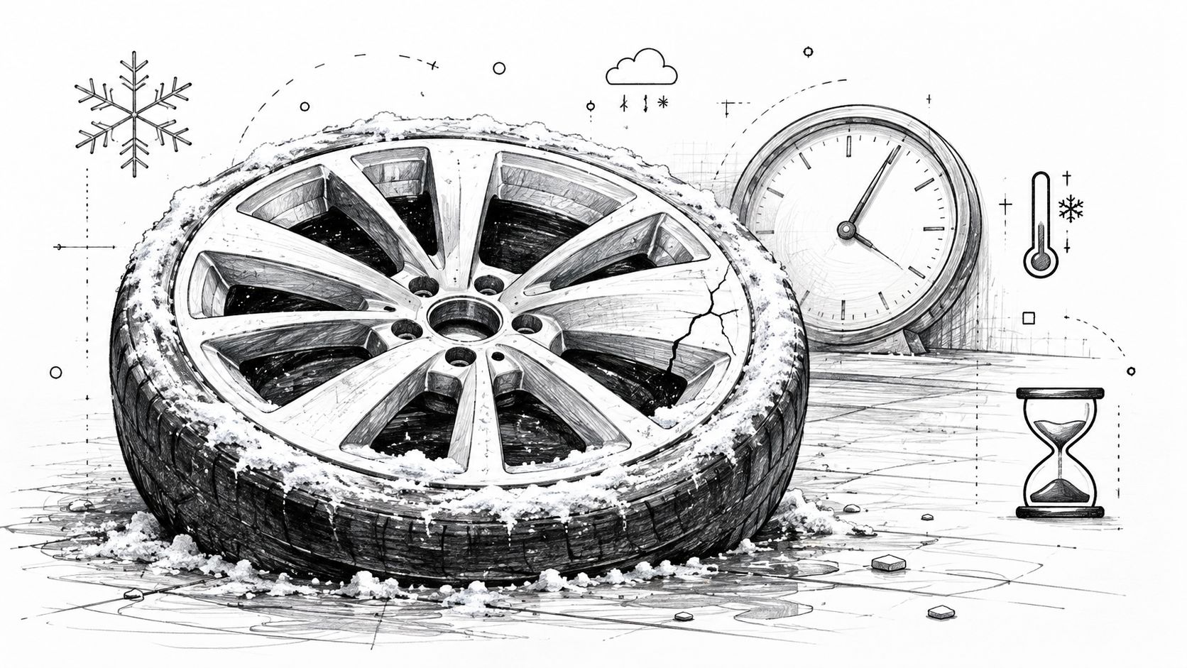 A pencil sketch of a snow-covered car wheel with icons depicting weather, time, and seasonal temperature changes.