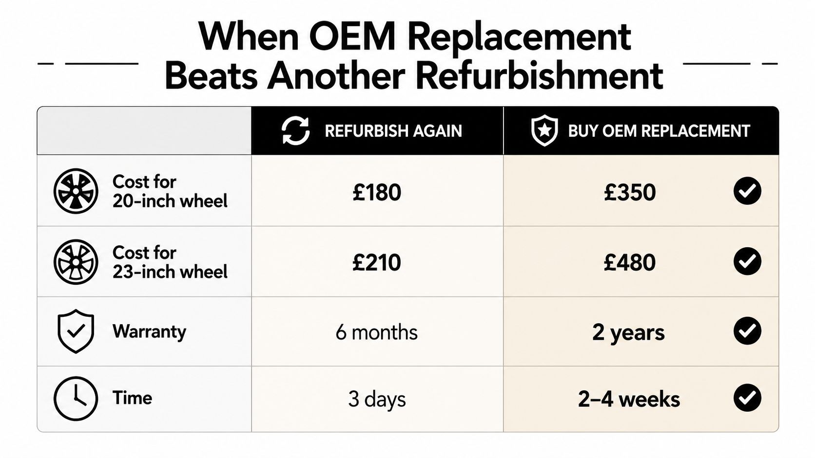 A comparison table between refurbishing a wheel and buying an OEM replacement showing costs, warranty, and time.