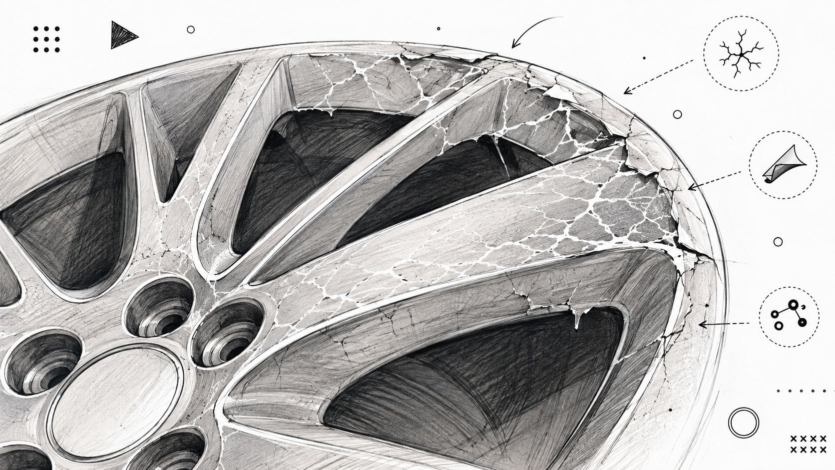 A detailed charcoal sketch illustrating the process of diamond cut alloy wheel lacquer failure and surface corrosion.
