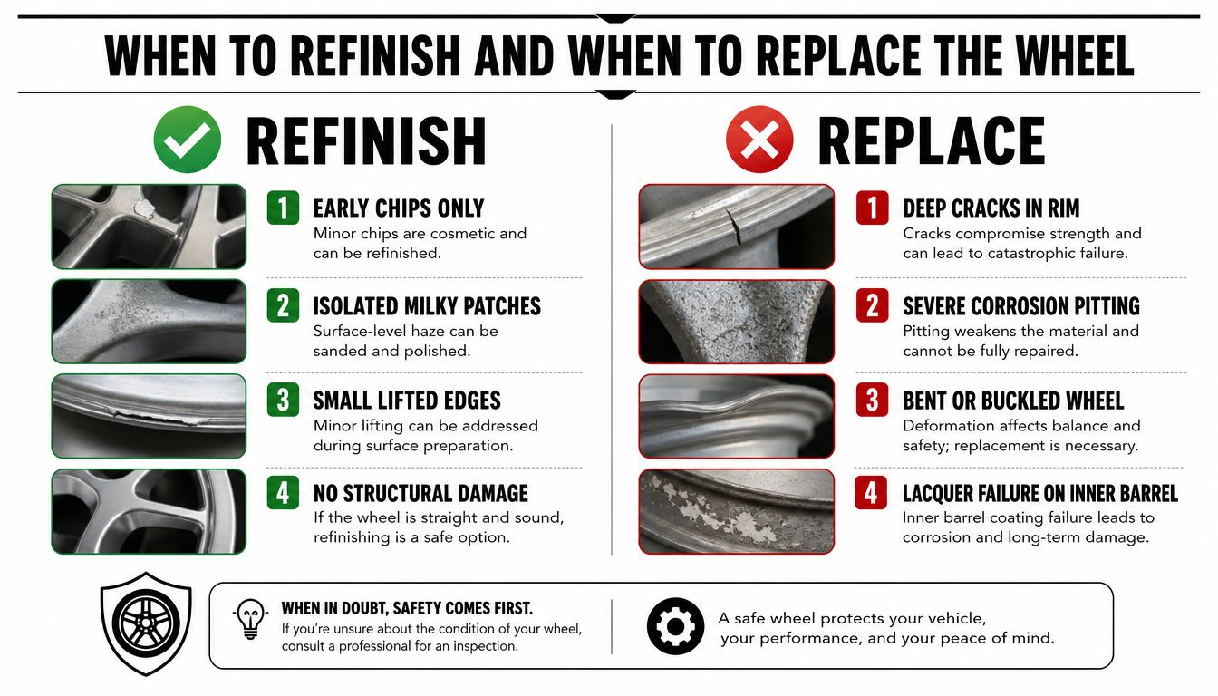 An infographic showing when to refinish or replace car wheels based on damage type and severity.