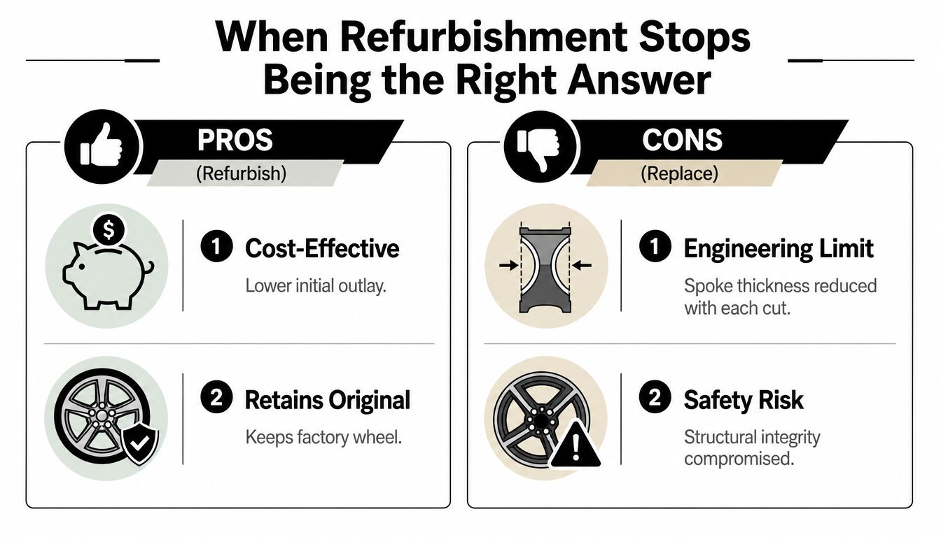 A comparison graphic outlining the pros of wheel refurbishment and the cons of replacing alloy wheels.