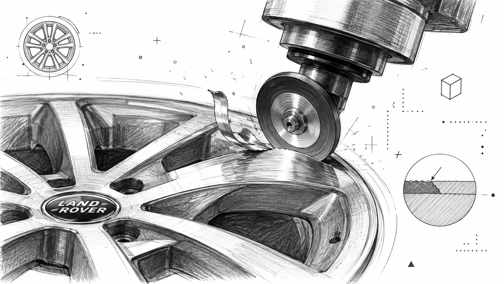 A detailed technical sketch showing a diamond cut wheel being machined by a specialized industrial cutting tool.