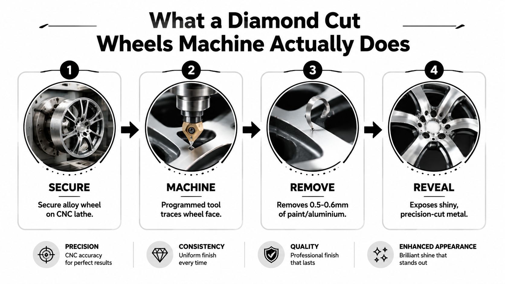 A four-step infographic explaining how a diamond cut wheels machine process works on alloy rims.