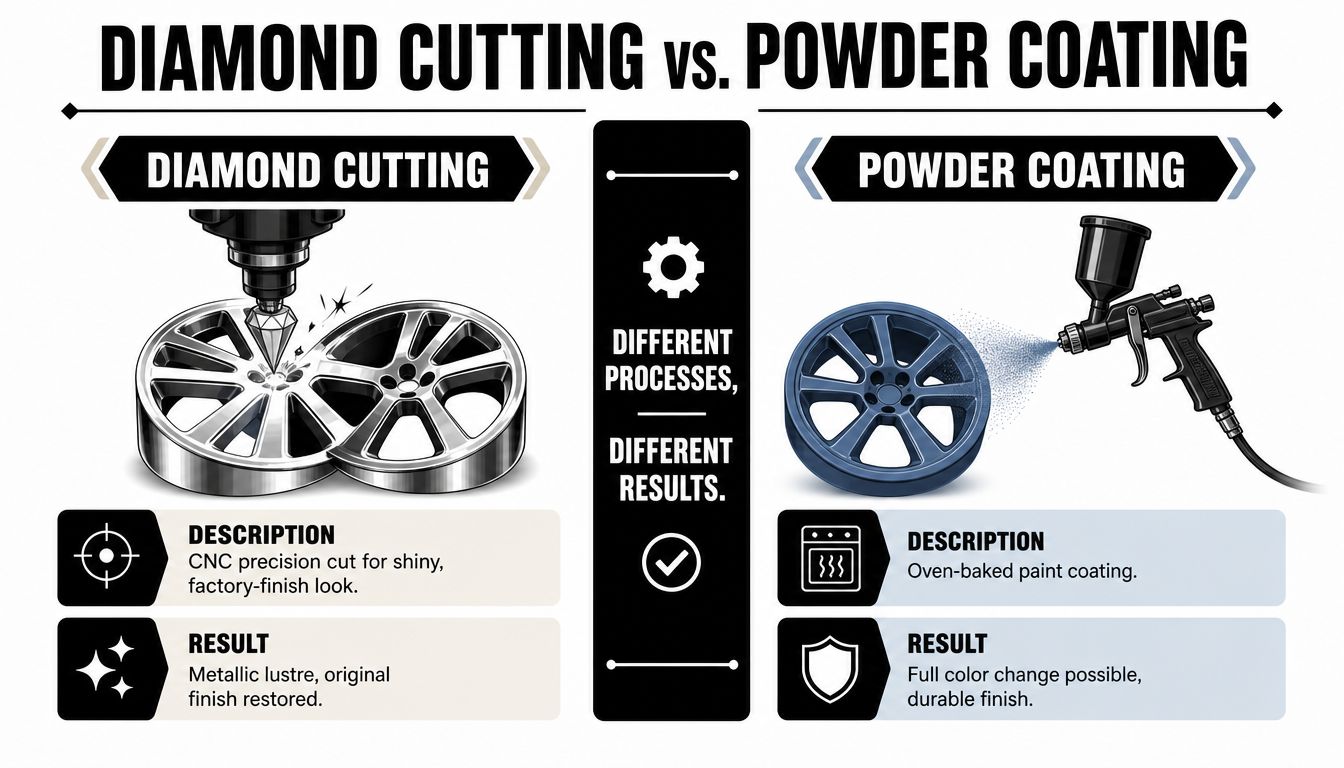 A comparison infographic showing diamond cutting versus powder coating processes for automotive alloy wheel refurbishment.