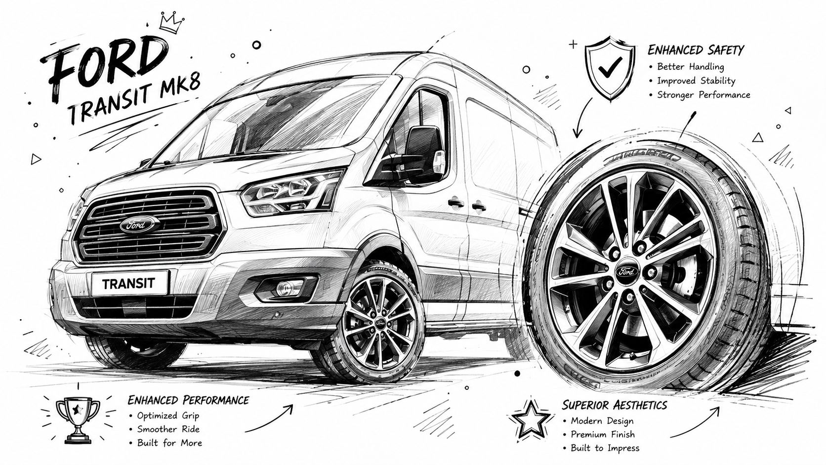 A detailed sketch of a Ford Transit Mk8 van focusing on its upgraded performance wheels and design.