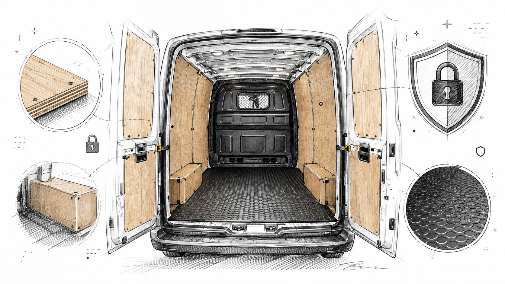Sketch of a van cargo area interior showing wooden wall panels and durable rubber flooring protection.