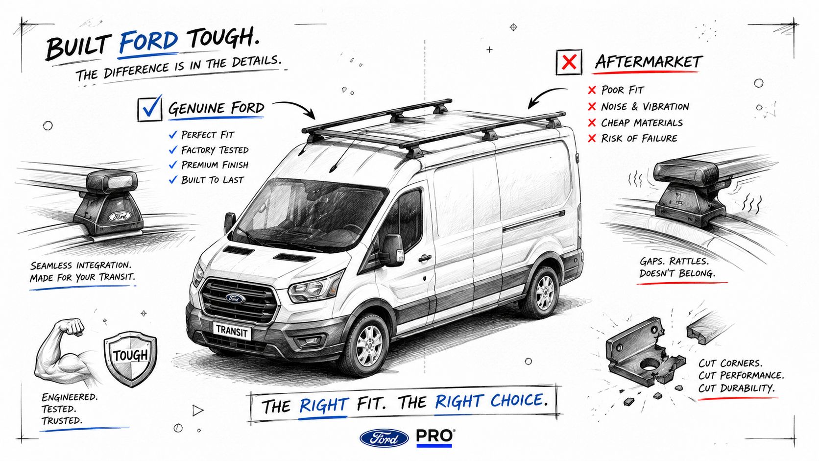 A conceptual drawing comparing Genuine Ford Transit accessories to aftermarket alternatives, highlighting quality, fit, and durability.
