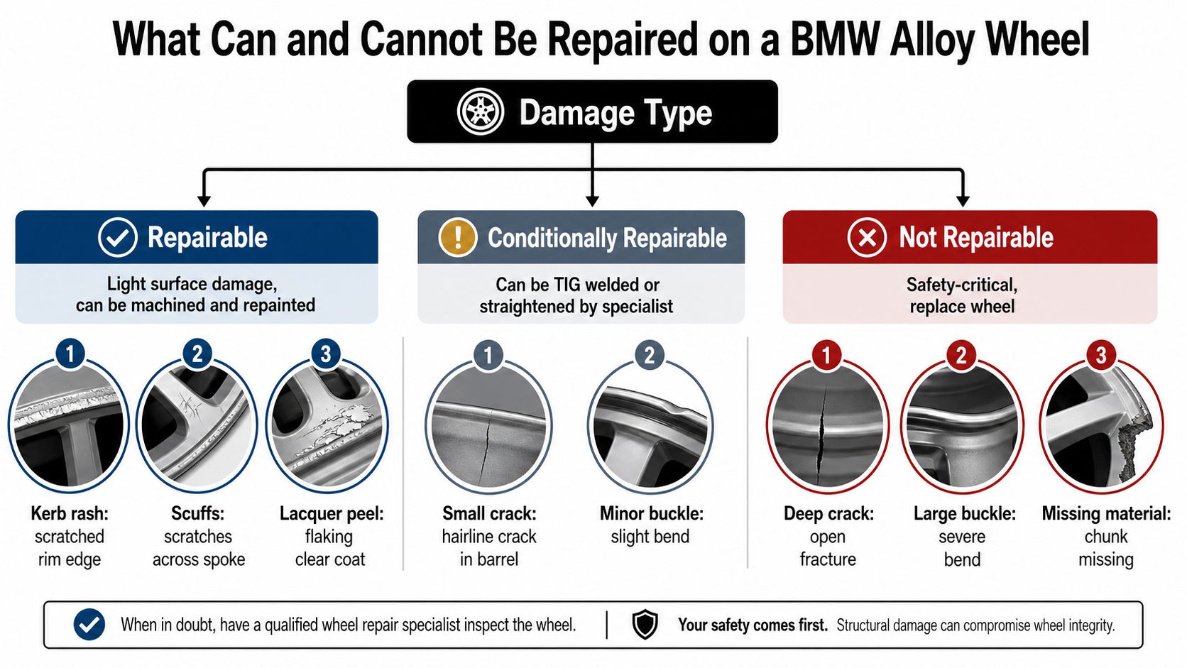 An infographic showing repair categories for BMW alloy wheels including repairable, conditionally repairable, and not repairable damages.