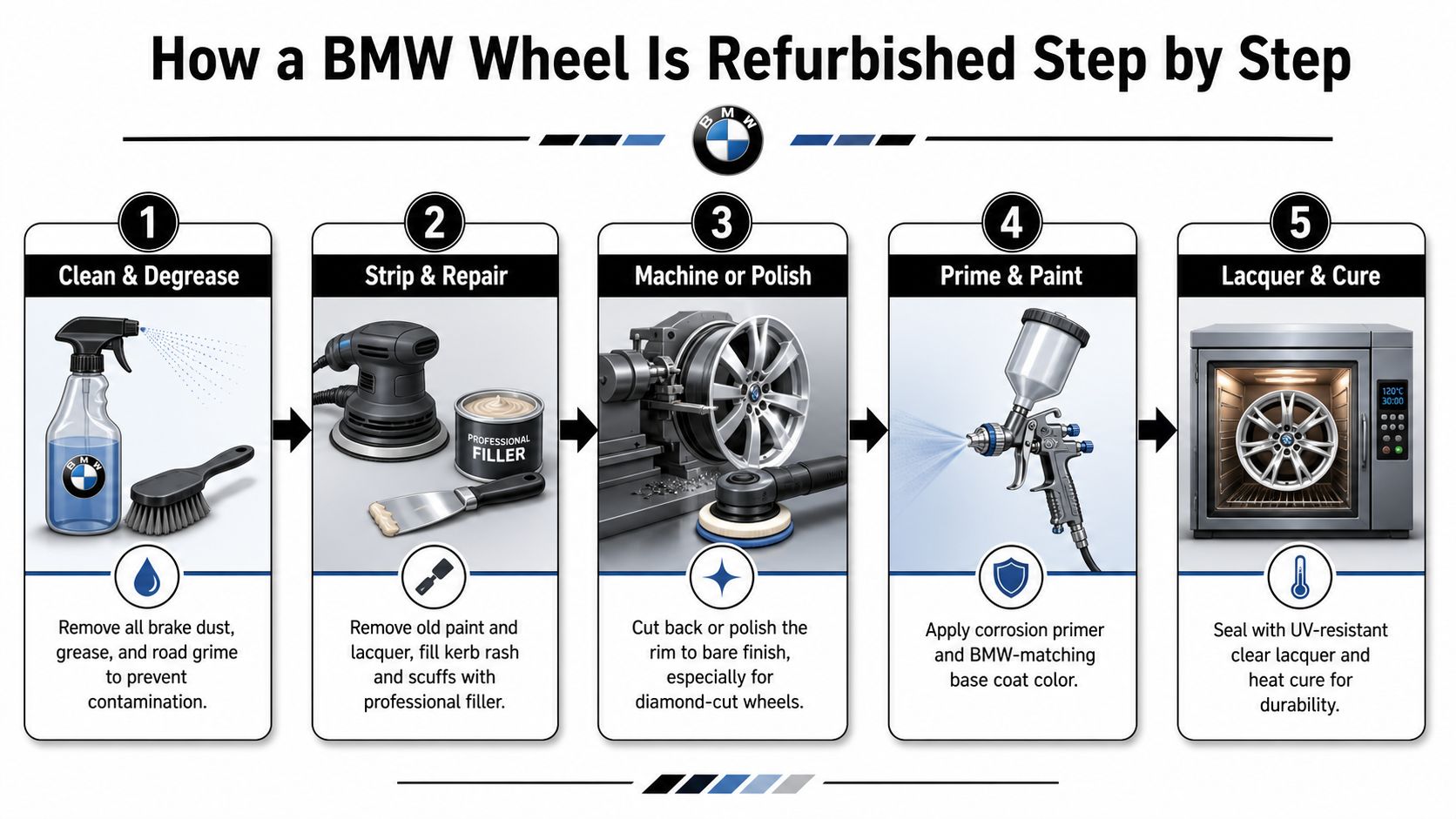 A step-by-step infographic showing the five stages of professional BMW alloy wheel refurbishment and repair process.