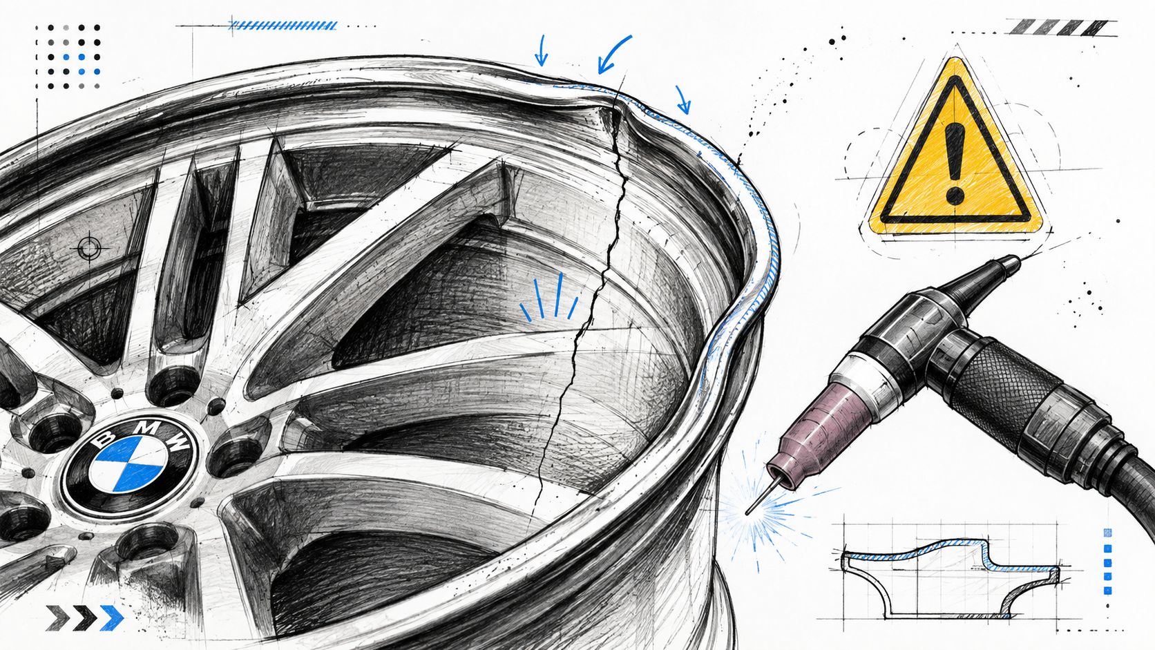 A detailed technical sketch showing a damaged BMW alloy wheel with a crack, warning sign, and welding tool.