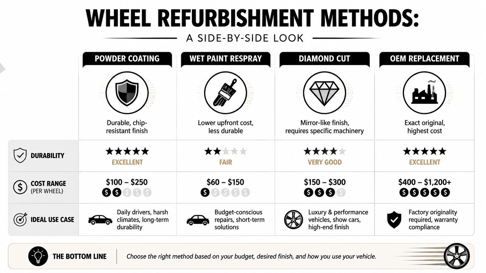 A comparison chart of four wheel refurbishment methods including powder coating, wet paint, diamond cut, and OEM replacement.